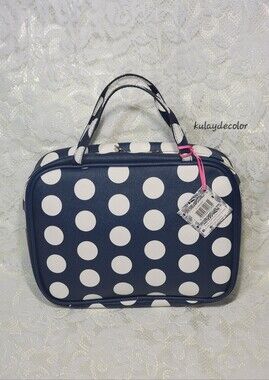 Dabney Lee Navy Blue White Polka Dot Cosmetic Travel Large Toiletry Bag Zip Tote